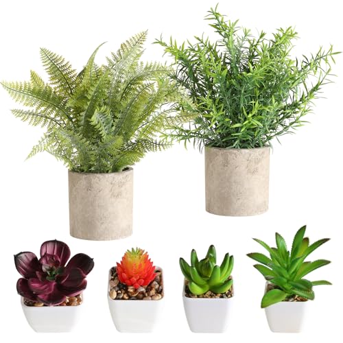 6Pcs Small Fake Plants Succulents Artificial Greenery Potted Plant Indoor | Faux Rosemary Fern Succulents in Pots, Home Room Office Desk Table Shelf Bathroom, Modern Farmhouse Decor