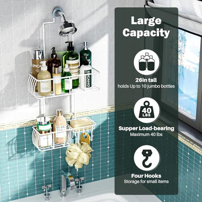 Epicano Shower Caddy Hanging Over Head, White,Stainless Steel | Rustproof,4 Hooks for Towels,Sponge and & Bathroom Accessories,Anti-Swing Suction Cups & Adhesive hooks - color: White