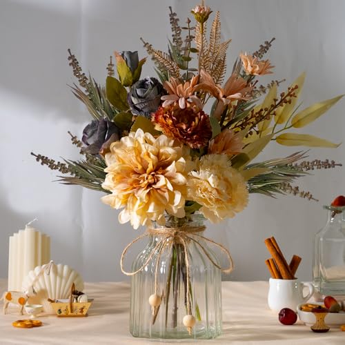 LESING Dahlia Flower Aritificial Flower with Vase Fake Silk Flowers in Glass Vase Faux Rose Flowers Arrangement for Home Office Table Centerpiece Decoration (Coffee) - color: Coffee