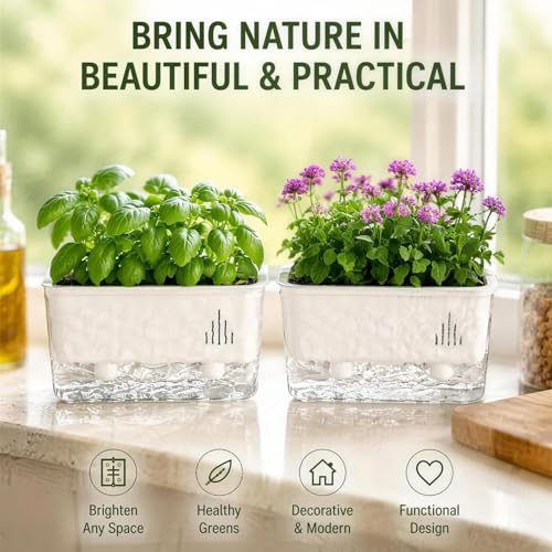 Rectangular Planter, Rectangle Planter, 2 Pack Self Watering Planter Boxes, Clear Plastic Window Boxes for Indoor Outdoor Herbs, Succulents, Flowers, Home Garden Windowsill Decor