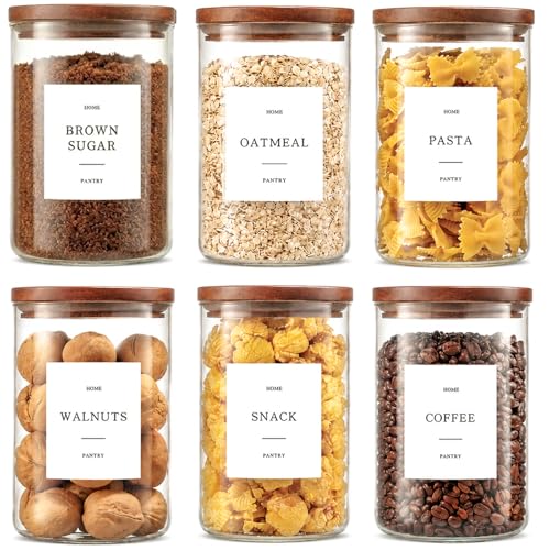 6 Pack Glass Jars with Acacia Lids, 32oz Pantry Airtight Storage Containers | Glass Kitchen Canisters with 105 Labels, Food Storage Containers for Pantry with Wood Lids for Coffee, Tea, Sugar, Pasta - size: 32oz 6 Pack