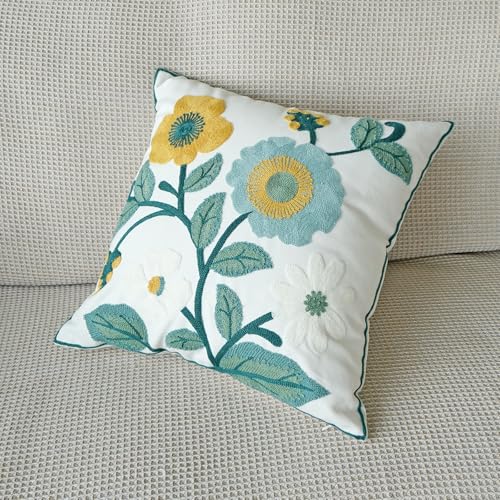 vctops Floral Embroidered Pillow Covers 18x18 Inch Spring Summer Cotton Tufted Throw Pillow Cover Outdoor Garden Cushion Case for Sofa, Bed, Living Room (Flower H,18"x18") - color: Flower H