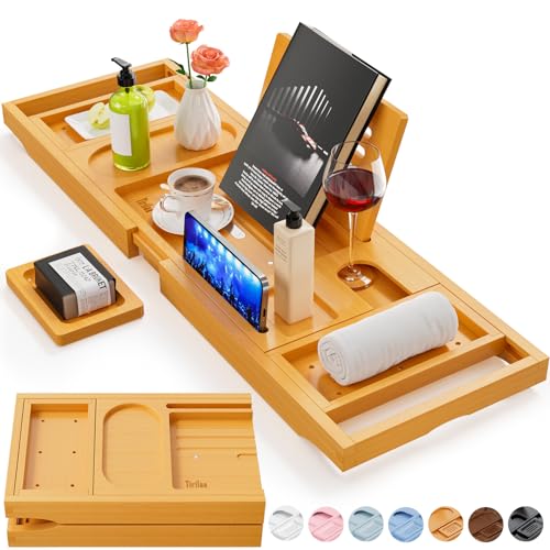 Premium Bathtub Tray Caddy, Expandable Bath Tray, Unique House Warming Gifts, New Home, Anniversary and Wedding Gifts for Couple, Bridal Shower Gift for Women - color: Bamboo
