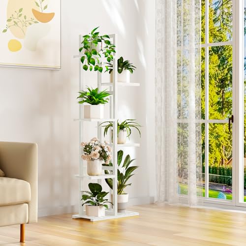 ROMGUAR CRAFT 6 Tier Bamboo Plant Stand Indoor, Wood Tall Flower Holder Corner Tiered Plant Shelf for Multiple Plants (White)