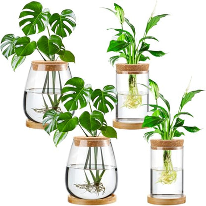 Layhit 4 Pcs Plants Propagation Stations vases Glass Planters with Wooden Lid and Bamboo Stand for Hydroponic Plants Gardening Gifts for Women Mom Home Office Tabletop Decoration(Classic Style) - style: Classic