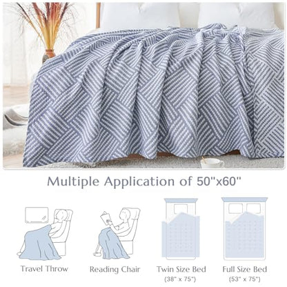 jinchan 100% Cotton Muslin Blanket Twin Boho Throw Blanket 50x60 Dusty Blue | 3-Layer, Dotted Diamond Quilt, Cooling Breathable Lightweight, for Adult, Soft, Reversible, Summer, Couch, Sofa, Bedroom - color: B. Square Blue, size: 50"x60"