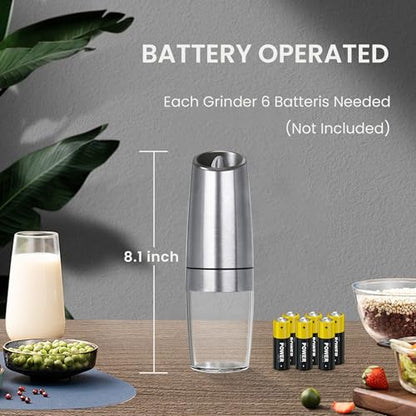 Battery Operated Salt And Pepper Grinder Set 2 Pack (Silver) | Gravity-Activated Automatic Grinder With Led Light & Adjustable Coarseness, Each Uses 6 Aaa Batteries,Kitchen Daily Seasoning - color: Battery/2pcs/Silver