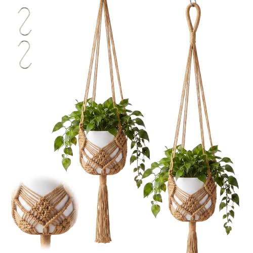 Shappy 2 Pack Boho Macrame Plant Hanger, Large Hanging Planter Plant Holder Pot Hanger Hanging Basket Wall Planters, Plants Lover Gift for Indoor Garden (Diamond Knot Macrame,Jute Color) - color: Jute Color, size: Style B