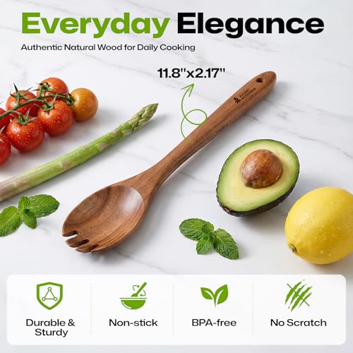 Wooden Salad Spoon Fork, 2-in-1 Teak Wood Cooking Utensil, Long Handle Non-Stick Safe Pasta Server for Mixing Tossing Serving Salad Pasta and Fruits