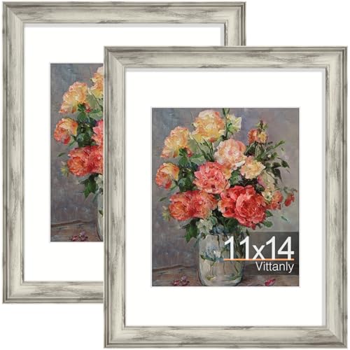 Vittanly 11x14 Picture Frames, Vintage Photo Frames, Distressed White, 2-Pk | Display 8x10 Pictures with Mat or 11x14 without Mat, Rustic Frames with Plexiglass, Farmhouse Home Decor for Wall Mounting - color: Distressed White, size: 11x14