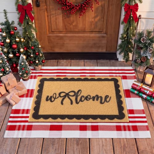 2 Pcs Red White Black Bow Welcome Front Door Mat Outdoor Combo Set, 27.5'' x 43'' Double Buffalo Plaid Layered Front Porch Rug with Heavy Duty Backing Coir Doormat Outdoor Entryway Decor - color: Red White Black