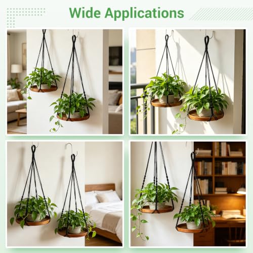 2 Pack Macrame Plant Hanger, 41'' & 32'' Plant Hanger Indoor Set with 12'' & 9.8'' Wood Trays, Bohemian Hanging Planter with Hooks for Living Room Window, Home Decor
