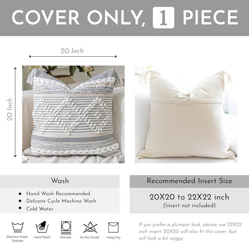 Gray Cream White Boho Throw Pillow Cover 20X20, Boho Woven Textured Pillow Cover, Neutral Pillow Cover, Sofa Couch Bed Farmhouse Lumbar Pillow (Cover ONLY) - color: Gray, size: 20" x 20" (Pack of 1)