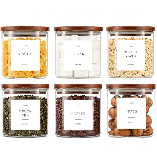 6 Pack Glass Jars with Acacia Lids, 21oz Pantry Airtight Storage Containers | Glass Kitchen Canisters with 105 Labels, Food Storage Containers for Pantry with Wood Lids for Coffee, Tea, Sugar, Spice - size: 21oz 6 Pack