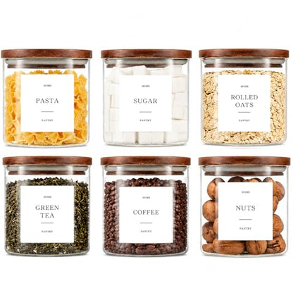 6 Pack Glass Jars with Acacia Lids, 21oz Pantry Airtight Storage Containers | Glass Kitchen Canisters with 105 Labels, Food Storage Containers for Pantry with Wood Lids for Coffee, Tea, Sugar, Spice - size: 21oz 6 Pack