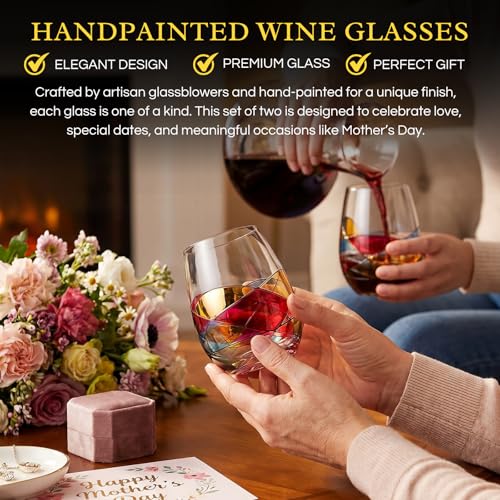 Artisanal Hand Painted Stemless Wine Glasses - Everyday Celebrations, Gift Idea for Wife, Mom, Valentine, Holiday Renaissance Romantic Stain-glassed Windows, 2 Set - Gift Idea Birthday, Housewarming - style: Stemless Glasses Set