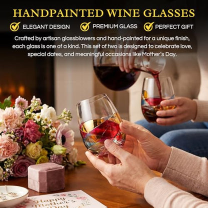 Artisanal Hand Painted Stemless Wine Glasses - Everyday Celebrations, Gift Idea for Wife, Mom, Valentine, Holiday Renaissance Romantic Stain-glassed Windows, 2 Set - Gift Idea Birthday, Housewarming - style: Stemless Glasses Set