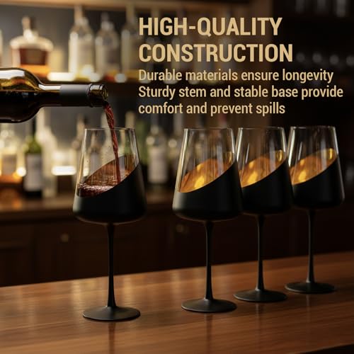 MyGift Black and Gold Wine Glasses, Set of 4 Tulip Champagne Glasses, 19 oz Stemmed Drinkware for Cocktails, Wine, Entertaining, Wedding, Gifts