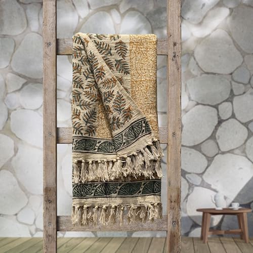 Trade Star 100% Cotton Throw Blanket with Tassels for Room Decor Designer Cozy Throw with Beautiful Syahi-Begar Block Printing 50x70 Inches (Throw Blanket 15) - color: Throw Blanket 15