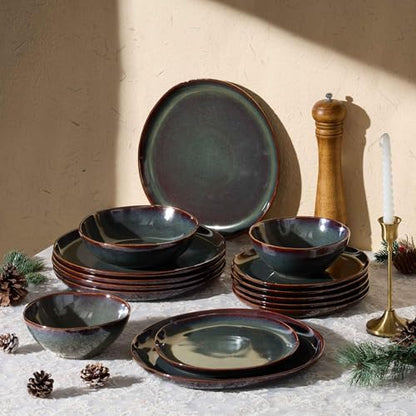 Herogo Stoneware Dinnerware Sets for 6, 24 Piece Ceramic Dinner Dishes Set, Irregular Handmade Plates and Bowls Dishware, Crack and Scratch Resistant, Reactive Glaze, Lichen Green - color: Lichen Green, size: 6 Set (24pcs)
