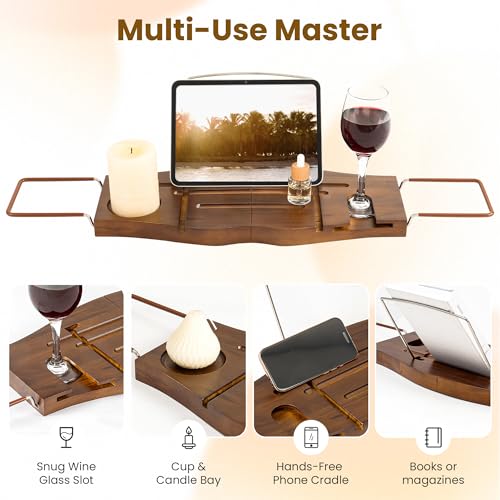 Dream Light Walnut Teak Expandable Bathtub Caddy Tray | Light walnut teak tray, extendable, housewarming gift, bath spa organizer - color: Teak Natural - B, size: Medium