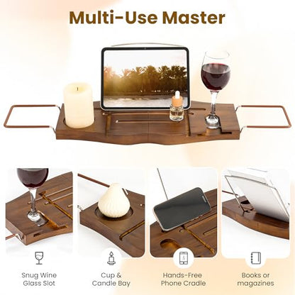Dream Light Walnut Teak Expandable Bathtub Caddy Tray | Light walnut teak tray, extendable, housewarming gift, bath spa organizer - color: Teak Natural - B, size: Medium