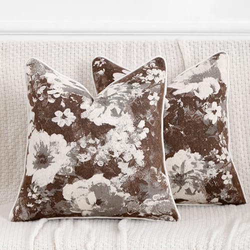 Vintage Floral Throw Pillow Covers 20x20 Set of 2 Neutral Boho Farmhouse Soft Chenille Jacquard Decorative Couch Pillow Covers for Sofa Couch Bed Living Room Home Décor Beige Brown - color: Beige Brown, size: 20" x 20" (Pack of 2)