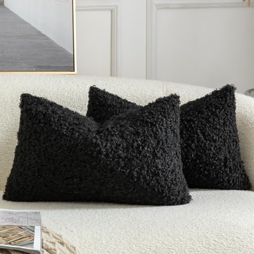 Yaertun Pack of 2 Faux Fur Throw Pillow Covers Decorative Sherpa Boucle Pillow Covers Fuzzy Soft Pillowcases Sheepskin Fleece Cushion Case for Couch Sofa Bed Living Room 12x20 Inch Black - color: Black, size: 20" x 12" (Pack of 2)