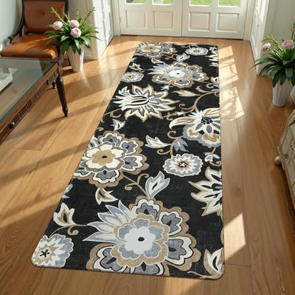 Lahome Floral Washable Runner Rug - 2x6 Runners for Hallways Non-Slip Low-Pile Kitchen Rug, Black Paisley Print Carpet for Laundry Bedroom Entryway （(2’X 6’, Blacak) | Low-Pile Kitchen Rug, Black Paisley Print Carpet for Laundry Bedroom Entryway (2' x 6',