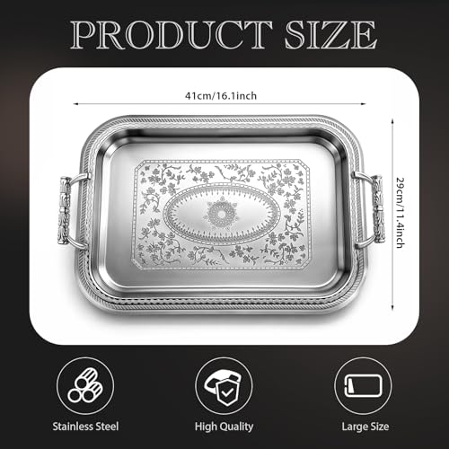 Rtteri Silver Serving Trays with Handles Rectangle Stainless Steel Metal Plate 16.1 x 11.4 Mirror Tray for Cake Cookies Snacks Desserts Fruit Ottoman Coffee Table Living Room Whiskey Table Decor