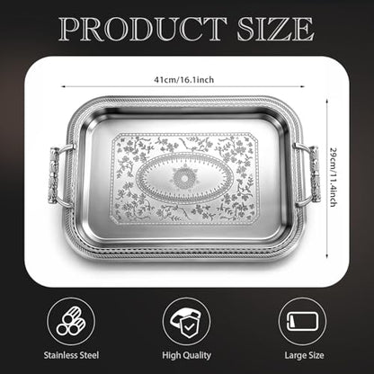Rtteri Silver Serving Trays with Handles Rectangle Stainless Steel Metal Plate 16.1 x 11.4 Mirror Tray for Cake Cookies Snacks Desserts Fruit Ottoman Coffee Table Living Room Whiskey Table Decor