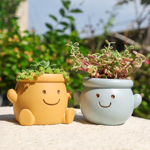 Cute Face Planter Pot, Small Resin Head Planters for Indoor Plants, Funny Smiling Face Flower Pot Succulent Planter with Drainage Hole, Gift IdeaI for Birthday Christmas (Blue) - color: Blue