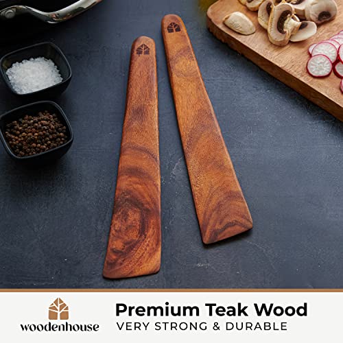 Wooden Spatula for Cooking, 12" Set of 2 - Turner & Scraper for Cast Iron | Flipper for Non Stick & Frying Pan, Egg & Pancake – BPA Free & Heat Resistant Teak Utensils