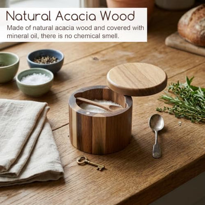 Grevosea Salt Cellar, Acacia Wood Salt Container with Swivel Magnetic Lid | Elegant Kitchen Salt Container Holder for Pepper Spice Bath Salt Sea SaltStorage, 360° Rotating Countertop Box 6oz
