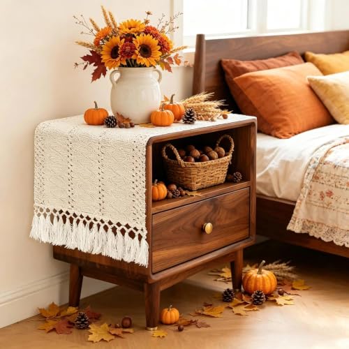 36" Boho Macrame Table Runner, Short Cream Coffee Runner, Nightstand - color: Beige, size: 36 inches