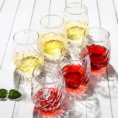 UMEIED Stemless Wine Glasses Set of 12, 17 oz Red White Wine Glasses | Clear Glassware Set for Red/White Wine Dishwasher Safe, Ideal for Daily Use Home Bar Birthdays Housewarming (Wave Texture) - color: Wave Texture