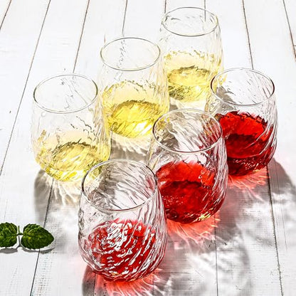 UMEIED Stemless Wine Glasses Set of 12, 17 oz Red White Wine Glasses | Clear Glassware Set for Red/White Wine Dishwasher Safe, Ideal for Daily Use Home Bar Birthdays Housewarming (Wave Texture) - color: Wave Texture