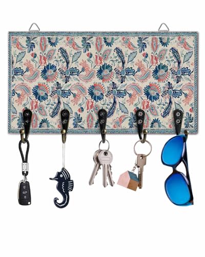 Key Holder for Wall Paisley Ethnic Style Decorative Hanging Key Rack Wall Mount with 5 Hooks Dark Blue Vintage Floral Organizer Wall Decor for Entryway Front Door Kitchen 9.4x5in