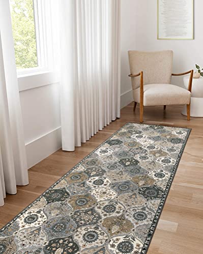 Lahome Moroccan Washable Runner Rug, 2x6 Soft Kitchen Runner Rug Non Slip | Vintage Trellis Laundry Room Rug Vintage Ultra-Thin Long Carpet for Kitchen Bedroom Elise, Grey - color: Dusty Grey Beige, size: 2' X 6' (Runner)