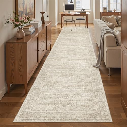 Soalmost Hallway Runner Rug 2'6" x 12' Washable Long Kitchen Rugs Beige | Non-Slip Vintage Runners 2.5x12ft for Bathroom Entryway, Thin Low-Pile Foldable Floor Carpet Mat 12 ft for Corridor Bedroom - color: Beige, size: 2'6" x 12' (Runner)