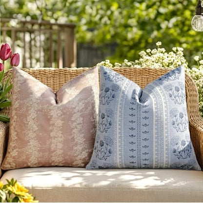 Blue Strips Throw Pillow Cover Floral 18x18 inch Neutral | Farmhouse Pillow Covers Coastal Boho Deco Couch Cushion for Sofa Living Room Bedroom - color: Grey Blue