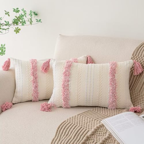 BUIOVBEY Boho Throw Pillow Covers Woven Tufted Pillow Cases with Tassels | Farmhouse Pillow Covers 12x20 Set of 2 Textured Striped Cushion Case Neutral Decorative Pillowcase for Sofa Couch Bed Pink - color: Pink, size: 20" x 12" (Pack of 2)