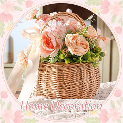 Weysat 2 Pcs Small Flower Girl Basket with Handle, Pearl and Bow, Wicker Rattan Flower Basket Set, Rustic, Cute, Hand Woven for Wedding Girl Home Decorations Picnic Garden Candy Sweets Gifts Storage - style: Pearl and Bow