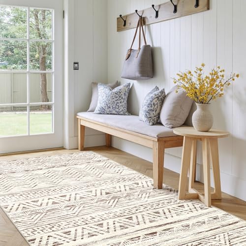 3x5 Area Rug Washable Moroccan: Non Slip Entryway Floor Mat Beige | Soft Doormat Low Pile Thin Small Carpet Runner for Kitchen Entryway Bedroom Bathroom Living Room Indoor Home Office Decor - color: Beige, size: 3' x 5'