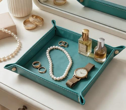 Valet Tray Desktop Storage Organizer – Vegan Leather Catchall Bedside Vanity Tray Nightstand Caddy Holder for Remote Controller, Watch, Keys, Phone, Wallet, Coin, Jewelry, Stone Green - color: Stone Green