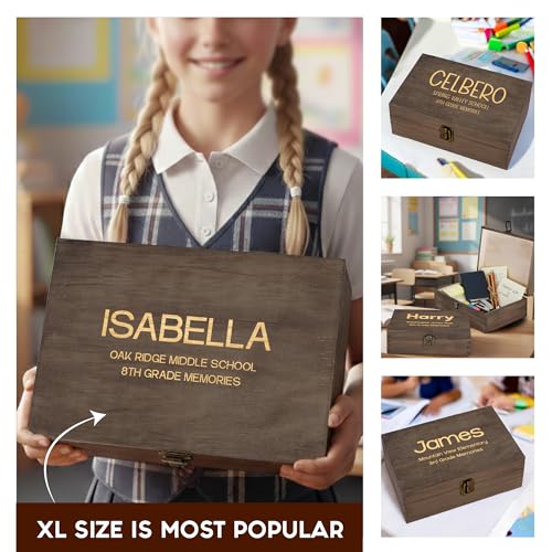 Personalized Name & Grade Wooden Keepsake Box – Custom Engraved Memory Box with Student Name and Class Year, Graduation & School Milestone Gift Storage Chest - style: 18. Kids School Memory Box