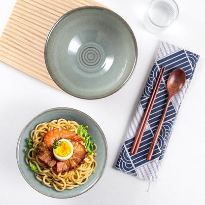 Ceramic Japanese Ramen Bowl Set, 2 Sets Asian Pho Udon Soup Noodle Bowls with Spoons and Chopsticks (Grayish Green, 8 inches) - color: Grayish Green