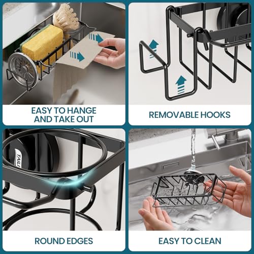 TAILI 4-in-1 Sponge Holder for Kitchen Sink with Strong Suction Cup-Black | Removable Rustproof 304 Stainless Steel Multi-compartment Sponge Holder with Suction Cup, Keeps Brushes & Scrubbers Tidy - color: Black, size: 7.28" x 2.36"