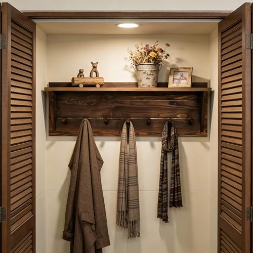 WEBI Coat Rack Wall Mount with Shelf,30" Long Entryway Wall Shelf with Hooks Underneath,7 Peg Hooks for Hanging Coats,Caps,Jacket,Clothes,Brown - color: Brown, size: 30 Inch