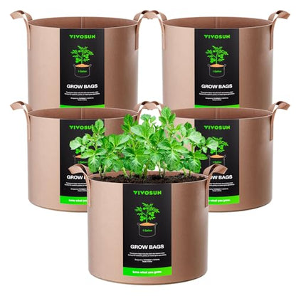 VIVOSUN 5-Pack 1 Gallon Plant Grow Bags Fabric Pots with Handles | 300G Thickened Nonwoven Fabric, Excellent Drainage, Healthy Root Growth, BPA-Free, Reusable - color: Tan, size: 1 Gallon